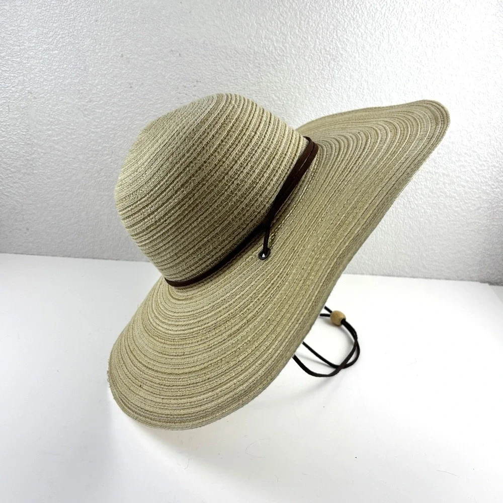 Shoe Shack Sun Hat Womens OS Beige Wide Brim Woven Straw Chin Strap Beach Summer